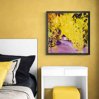 'A Laburnum Framed Bandstand' 
 - Artwork by Debbie Chatfield on a Bedroom Wall